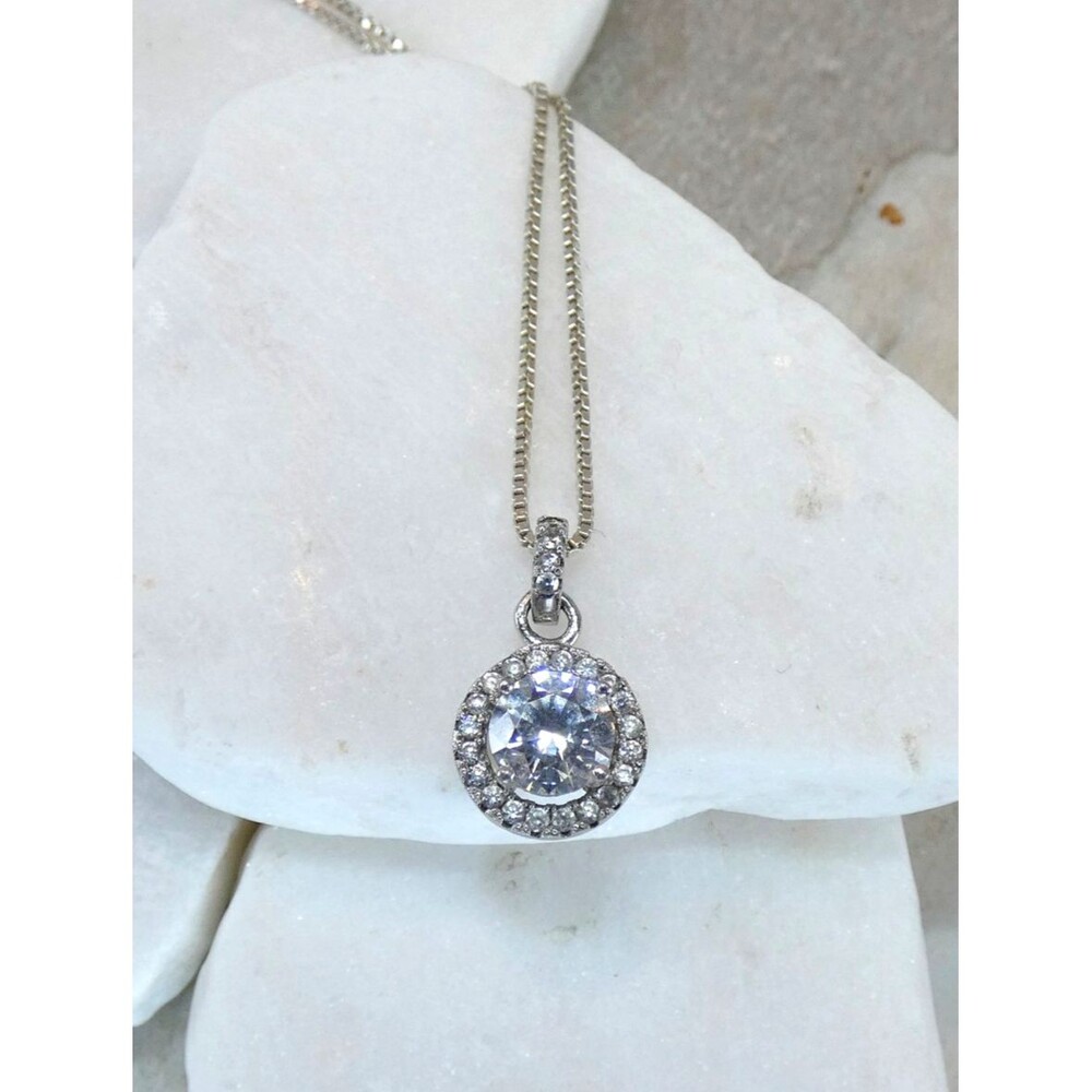 Sterling Silver CZ Pendant Necklace 16"